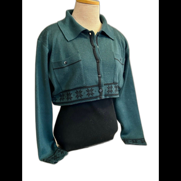 80s Nils Wool Blend Ski Sweater size M Collared Button Front Ribbed Bottom - Picture 2 of 7